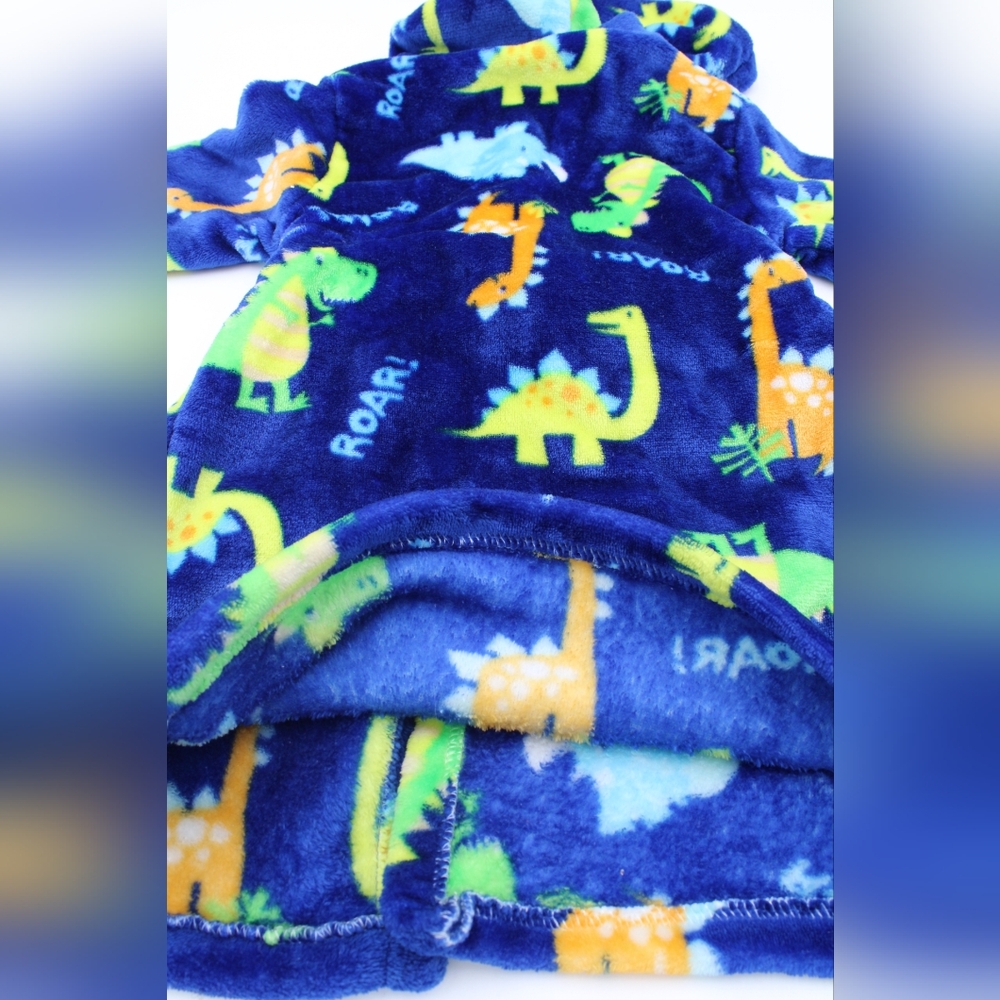 Toddler Dinosaur Hooded Bath Robe – Blue/Green/Yellow Plush - Picture 2 of 4
